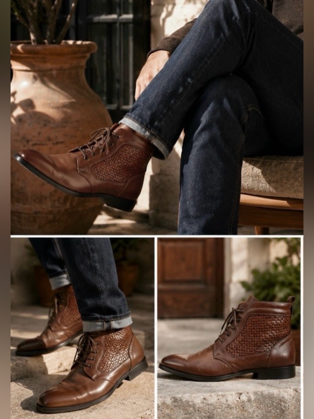 HELM Brown Leather Chukka Boots with Woven Side Panels